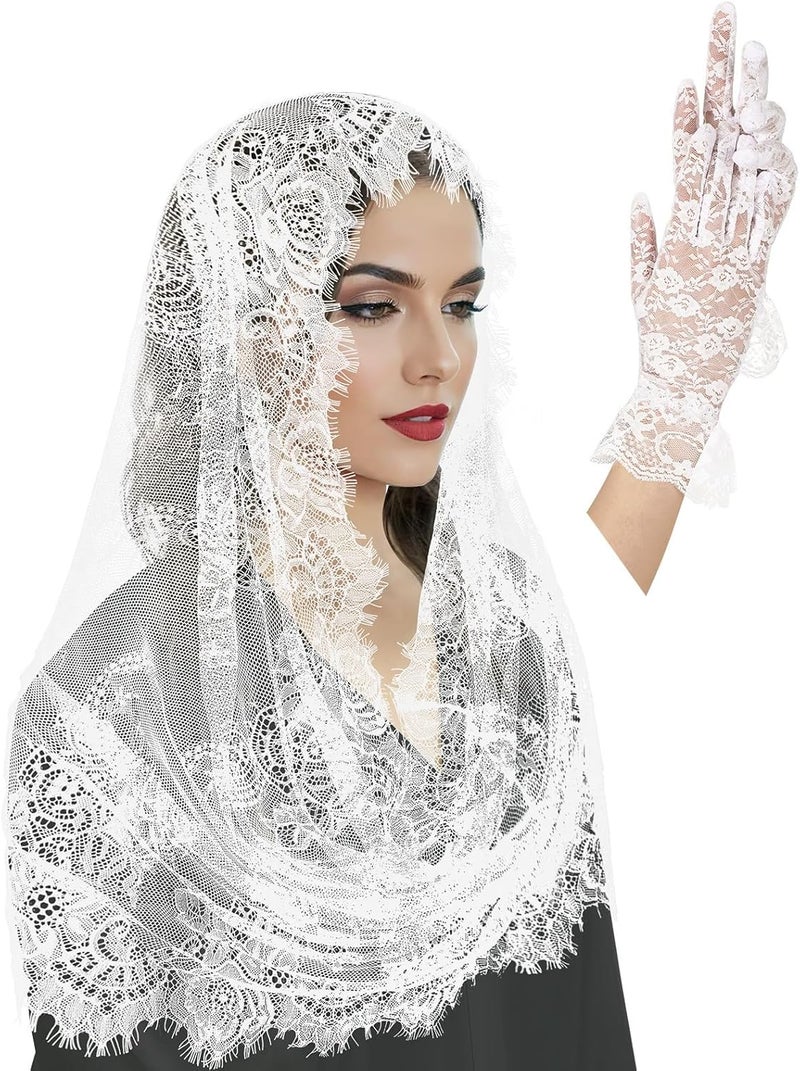 BOARDFEB 2 Pcs Lace Veil Church Mantilla Catholic Veil Bridal Wedding Veils Halloween Veil Gloves - Image 1